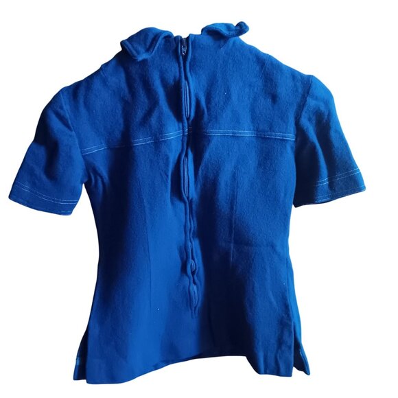 1OF1 XXS Vintage Blue Wool Short-Sleeve Blouse Matching Skirt Set 1970's Mod - Picture 2 of 9